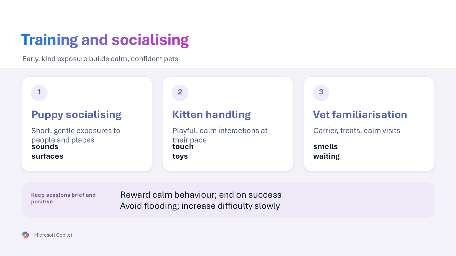 Actual creation05 slide 9 about puppy socialising, kitten handling and vet familiarisation.